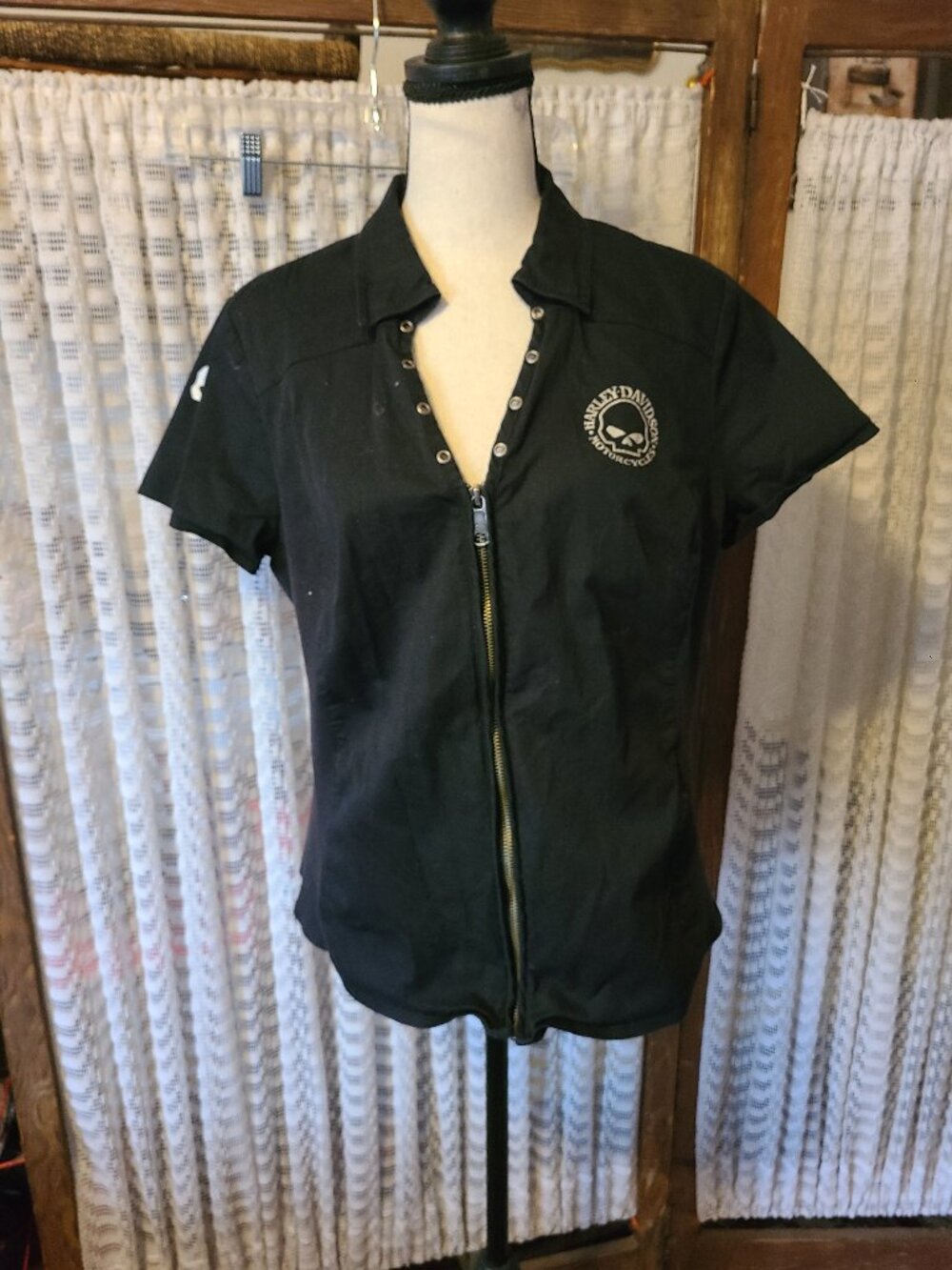 Harley-Davidson Zip Front Top Women's Large Black Willie G Skull Lace Up Back